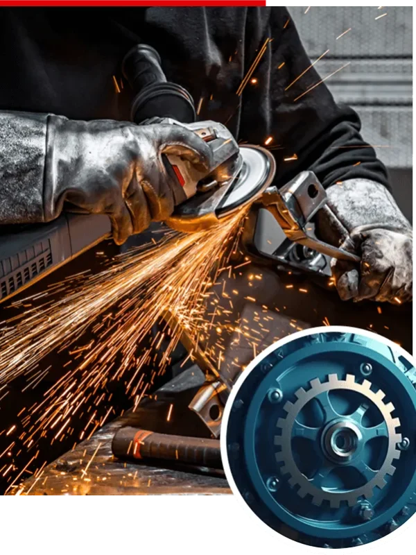 Worker grinding metal with wheel product inset